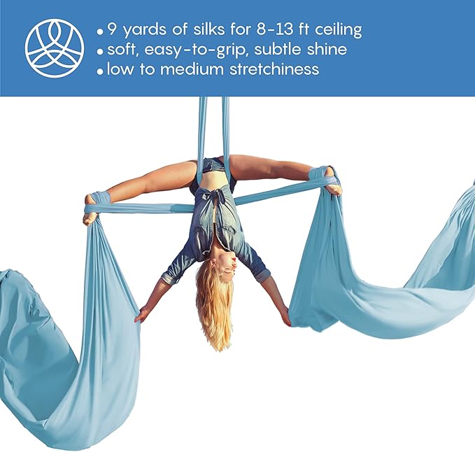 Aerial Silks Starter Kit - Durable 9 Yards of Aerial Yoga Hammock with Hardware & Guide - Aerial Swing for Acrobatic Flying Yoga & All Levels (Aerial Rigging Point Up to 13ft)-FlexoryFit