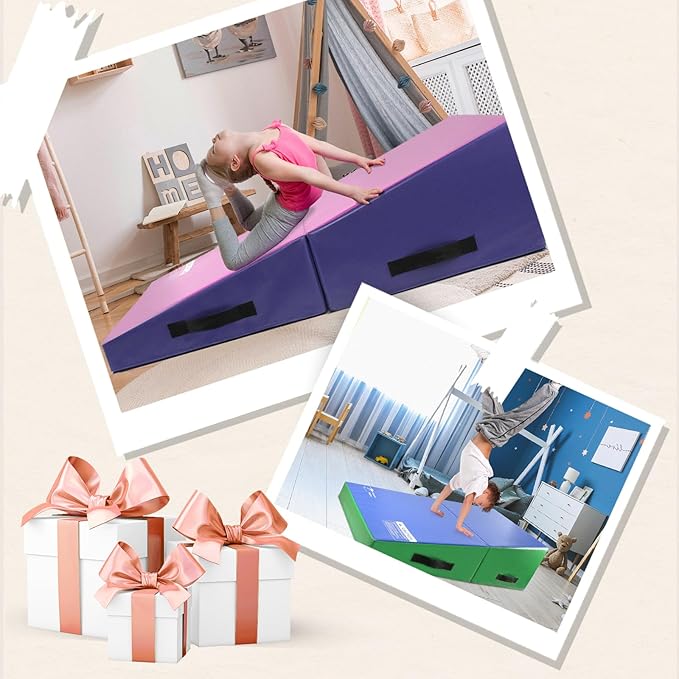 Kangaroo Hoppers Incline Gymnastics Mat, 48”x24”x14” / 56"x28"x15" / 34”x24”x13” Folding Wedge for Kids Tumbling, Skill Training, Multiple Colors Cheese Mat for Gymnastics, Home Gym Exercise-FlexoryFit
