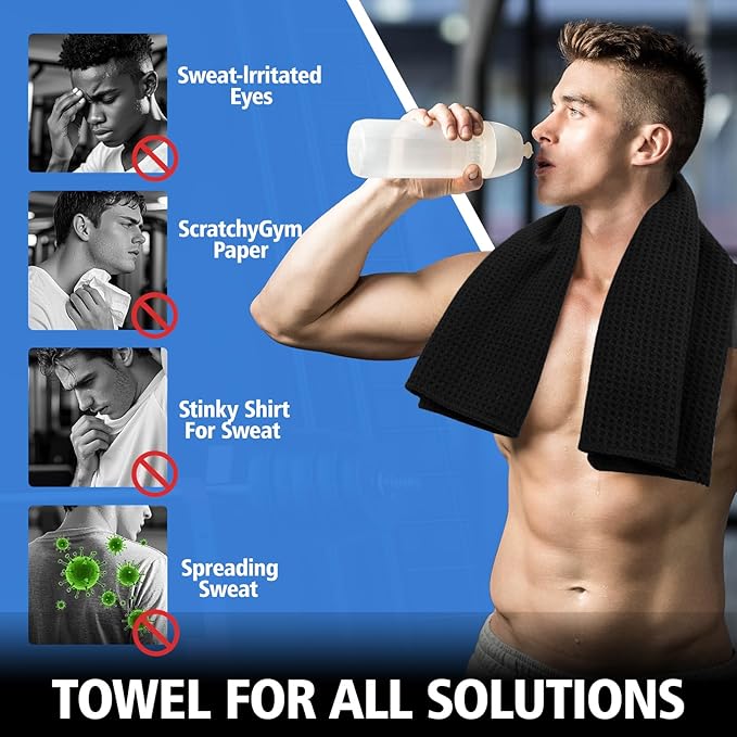 Microfiber Gym Towels for Working Out, Quickly Dry Yoga Towels for Men & Women Tennis, 16 Inch x 27 Inch, 6 Pack, Black-FlexoryFit