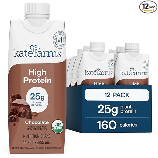 KATE FARMS Organic High Protein Chocolate Nutrition Shake, 25g Protein, 6g Fiber, 27 Vitamins and Minerals, 0g Sugar, Protein Drink, 11 oz (12 Pack)-FlexoryFit