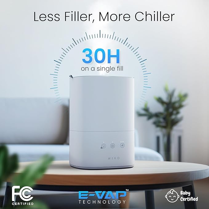 MIKO Ultrasonic Humidifiers for Bedroom Baby - Pre Filter, Wifi App controlled, Auto Mode, No Leak Design, Sleep Mode, Built-in Timer, Humidifier for Babies & Home
