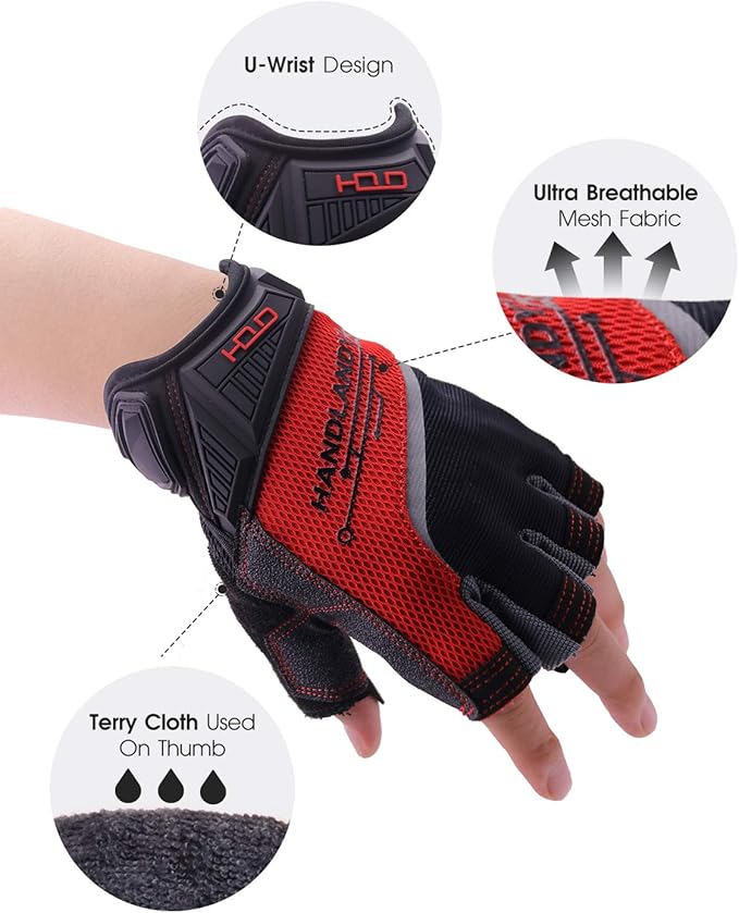 'HANDLANDY Fingerless Work Gloves for Men and Women Utility Padded Half Finger Driving Working Gloves (Small, Red)-FlexoryFit