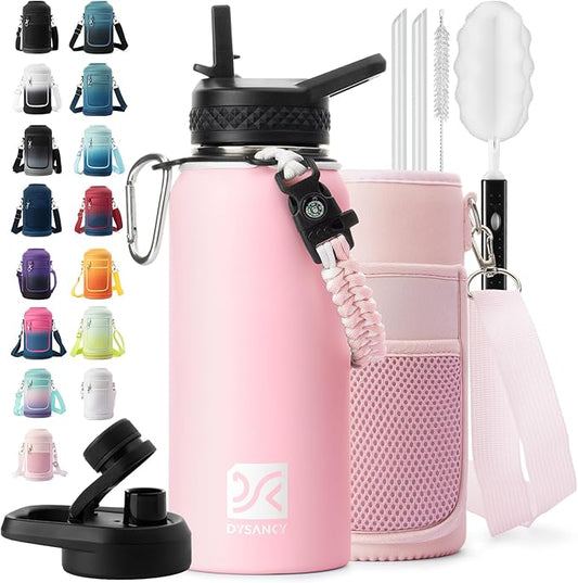 Insulated Water Bottle | Thickened Stainless Steel Vacuum Metal | Portable Sports Water Jug for Gym and Hiking with Straw, Carrier Bag, Handle Strap | BPA-Free 32 oz, Pink-FlexoryFit