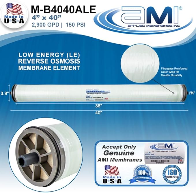 4x40 Low Energy Membrane Element for Tap or Brackish Water | 2,900 GPD at 150 psi | 99% Rejection | Replacement Commercial RO Membrane | Applied Membranes USA M-B4040ALE
