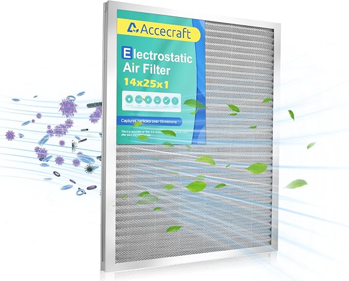 14x25x1 Electrostatic Air Filter, Washable & Reusable Aluminum AC/HVAC Furnace Filter, MERV 8, Lasts a Lifetime, Healthier Home or Office(Actual Size: 13.5"x24.5"x0.86")