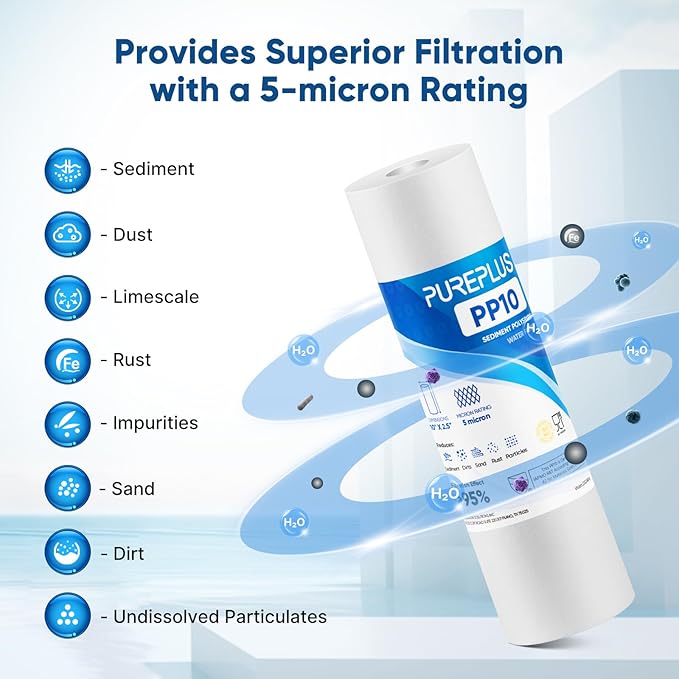 PUREPLUS 5 Micron 10" x 2.5" Whole House Sediment Home Water Filter Cartridge Replacement for Any 10 inch RO Unit, Culligan P5, Aqua-Pure AP110, Dupont WFPFC5002, CFS10, WHKF-G05, 1PACK