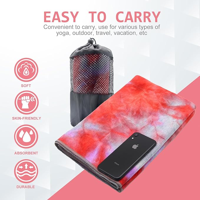 Eunzel Yoga Towel,Hot Yoga Mat Towel with Grip Dots Sweat Absorbent Non-Slip for Hot Yoga, Pilates and Workout 24" x72", Red & Gray-FlexoryFit
