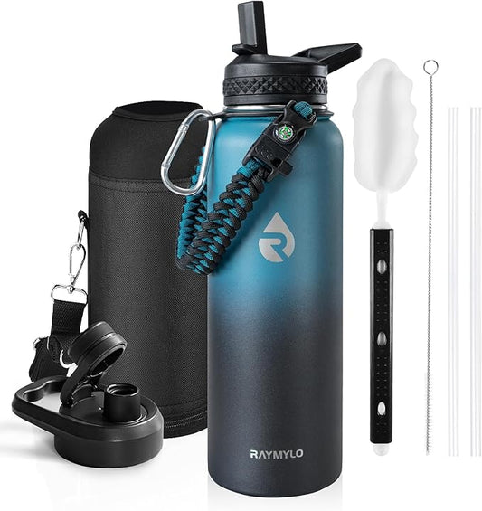 Insulated Water Bottle 40 oz, Triple Wall Vacuum Stainless Steel (Cold for 48 Hrs), Leak Proof & Non-BPA, Modern Water Flask Jug with Paracord Handle & Straw Spout Lids, Indigo/Black-FlexoryFit
