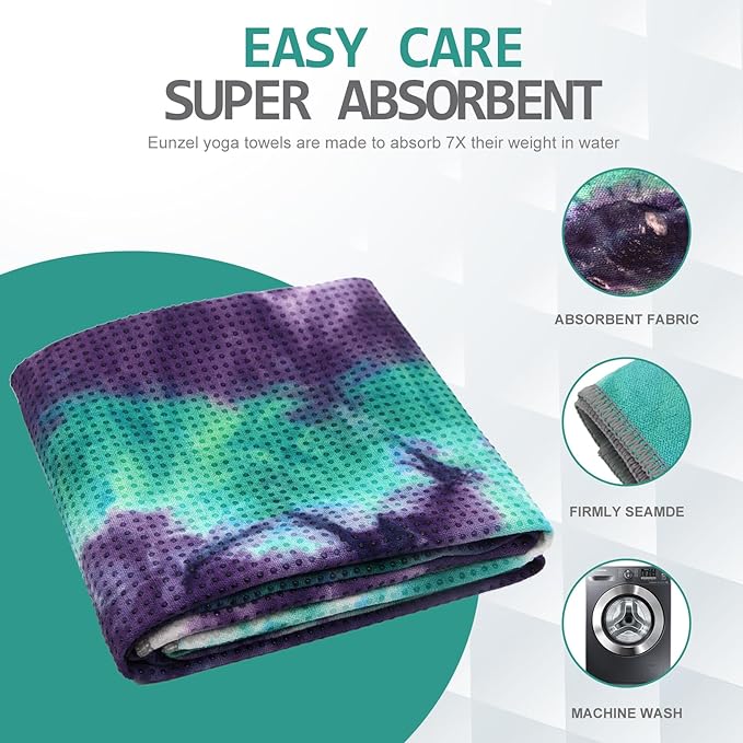 Eunzel Yoga Towel,Hot Yoga Mat Towel with Grip Dots Sweat Absorbent Non-Slip for Hot Yoga, Pilates and Workout 24" x72", Green & Purple-FlexoryFit