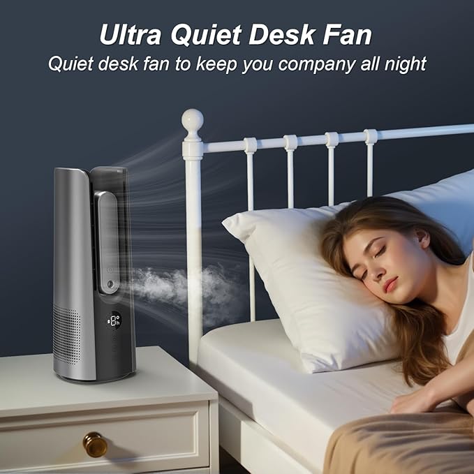 Desk Fan, Small Quiet Table Fan with Humidifier, 14 Inch Portable Bladeless Fan with 9 Speed Adjustment, 2 Modes, 5000mAh Battery, 60° Oscillating Mini Fan for Bedroom Office Living Room Dorm