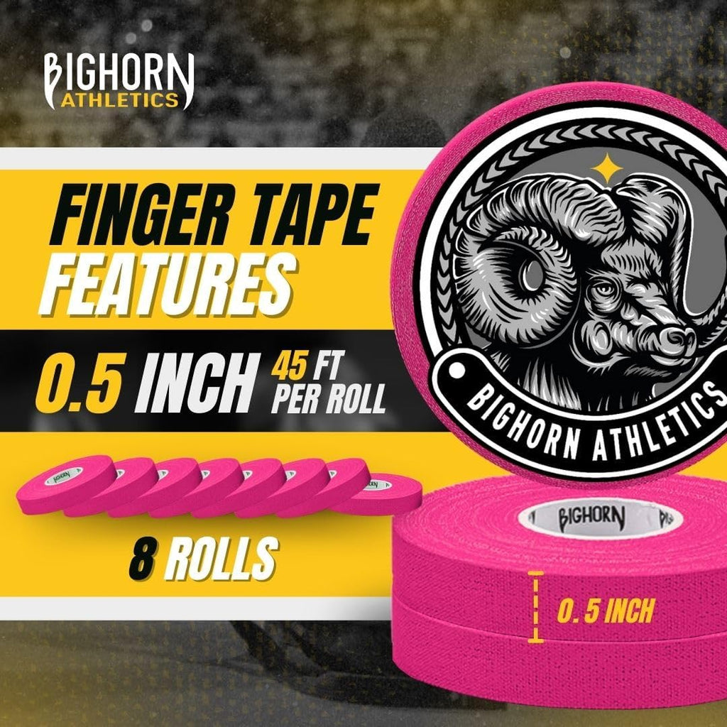 Bighorn Athletics Jiu Jitsu Finger Tape, Rock Climbing Tape | Multipurpose for Sports & Injuries: MMA, Volleyball, Football, Basketball, Tennis, Golf, Hands & Toes, 0.5-Inch x 45-feet, 8-Rolls, Pink