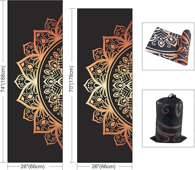 QiyI Yoga Mat Towel with Corner Pockets, Non Slip Sweat Absorbent Hot Yoga Towels, Soft Yoga Blankets with Travel Bag, Skidless Mat Cover for Workout, Gym, Fitness - 70"x26", Luxury Golden Mandala-FlexoryFit