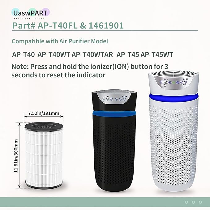 [UPGRADED] AP-T45 AP-T40FL Replacement Filter Compatible with 1461901 HoMedics Filter Replacement AP-T45 AP-T40 AP-T40WT AP-T45WT w/Premium H13 HEPA & High-Efficient Carbon, 1-Pack