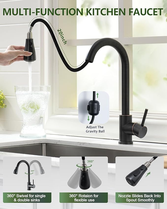 Oil Rubbed Bronze Faucet with Pull Down Sprayer - Bronze Kitchen Sink Faucet, Single Handle, Single or 3 Hole, Sprayer