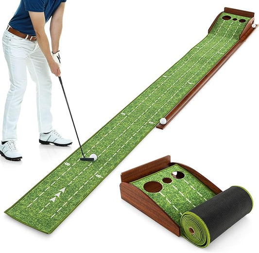 Tangkula 10 FT Golf Putting Green, 2/3-Hole Golf Putting Practice Mat with Auto Ball Return for Indoors & Outdoors, Alignment Guides & 3 Golf Balls, Mini Golf Game for Home and Office