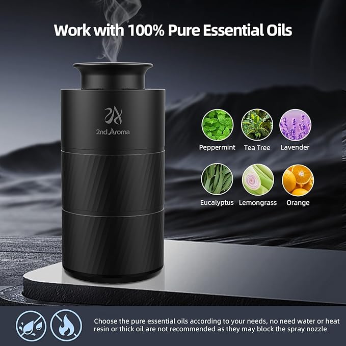 Waterless Car Oil Diffusers with 20ml Essential Oils, Aluminum USB Rechargeable Battery Powered Wireless Diffuser, 3 Timers 3 Mists Portable Aromatherapy Diffuser for Car Office Desk Room