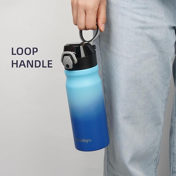 Insulated Water Bottle with Straw and Carry Loop,18 oz Stainless Steel Double Wall Vaccum Metal Water Flask with Leak-proof Lid,Sky-FlexoryFit