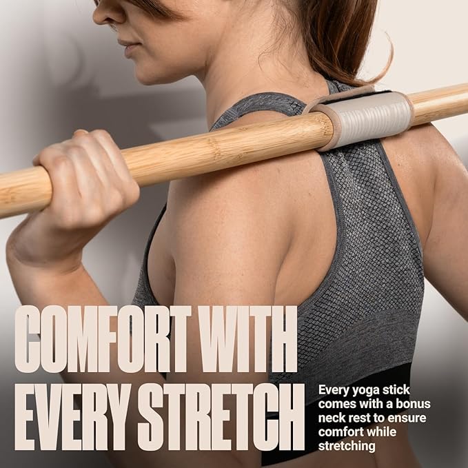SportBit Bamboo Yoga Stick with Neck Pillow - Collapsible and Portable 5.1FT Mobility Stick and Exercise Stick - Fully Adjustable Yoga Accessories Perfect for Stretching, Posture Correction, Balance-FlexoryFit