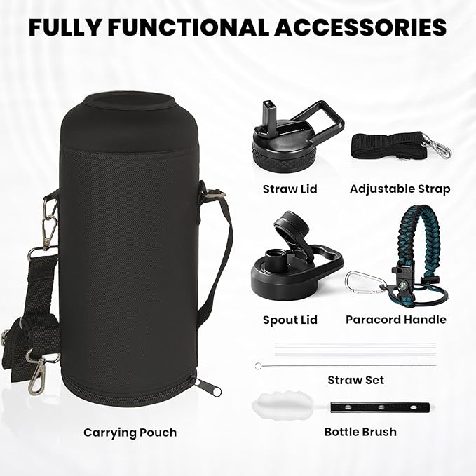 Insulated Water Bottle 87 oz, Triple Wall Vacuum Stainless Steel (Cold for 48 Hrs), Leak Proof & Non-BPA, Modern Water Flask Jug with Paracord Handle & Straw Spout Lids, Indigo/Black-FlexoryFit