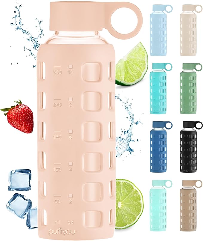 purifyou 40oz / 32oz / 22oz / 12oz Borosilicate Glass Water Bottle with Time & Volume Markers, Silicone Sleeve, Stainless Steel Lid | Reusable Glass Bottle for Water & Juice (12oz Hazelnut)