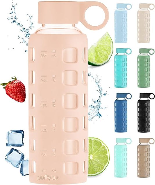 purifyou 40oz / 32oz / 22oz / 12oz Borosilicate Glass Water Bottle with Time & Volume Markers, Silicone Sleeve, Stainless Steel Lid | Reusable Glass Bottle for Water & Juice (12oz Hazelnut)