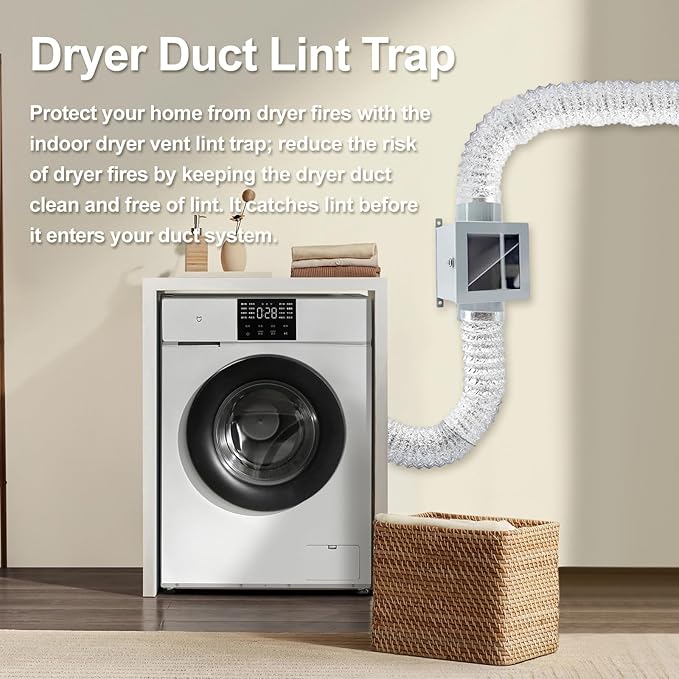 Dryer Duct Lint Trap, Indoor Dryer Vent Kit, Secondary Lint Trap for Electric Clothes Dryers with 4inch 8ft Dryer Vent Hose, 2 Clamps, 2 Stainless Steel Mesh, Dryer Lint Catcher for Dryer (Metal)