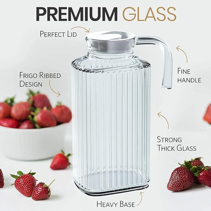 Home Essentials & Beyond Fridge Pitcher Set of 2 - 60 OZ. Glass Water Pitcher With Lid, Practical and Easy to Use, Great for Lemonade, Iced Tea, Milk, Cocktails and More Beverages