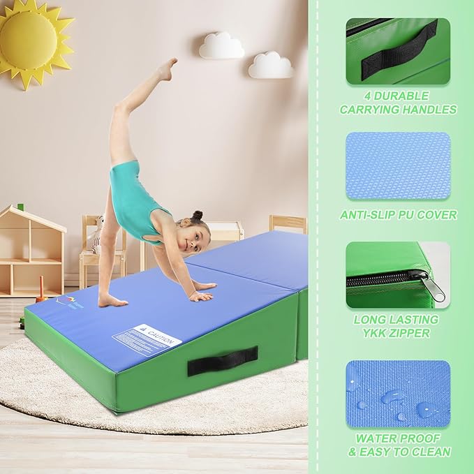 Kangaroo Hoppers Incline Gymnastics Mat, 48”x24”x14” / 56"x28"x15" / 34”x24”x13” Folding Wedge for Kids Tumbling, Skill Training, Multiple Colors Cheese Mat for Gymnastics, Home Gym Exercise-FlexoryFit