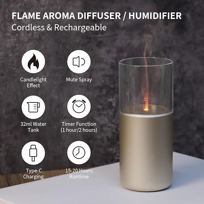 Essential Oil Diffuser, Candlelight Flame Effect with Cool Mist Small Humidifier for Room, 32ml Cordless Ultrasonic Scent Diffusers with Timer & Night Light for Home, Office