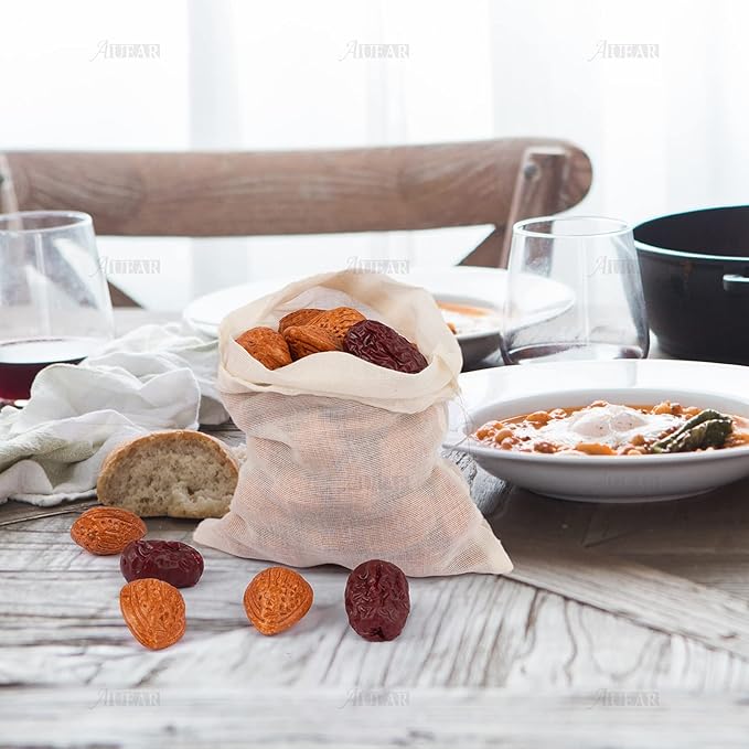 AUEAR, 50 Pack Reusable Drawstring Cotton Soup Bags Spice 6 x 8 Inch Tea Filter Coffee Brew Herb Muslin Cheesecloth for Straining