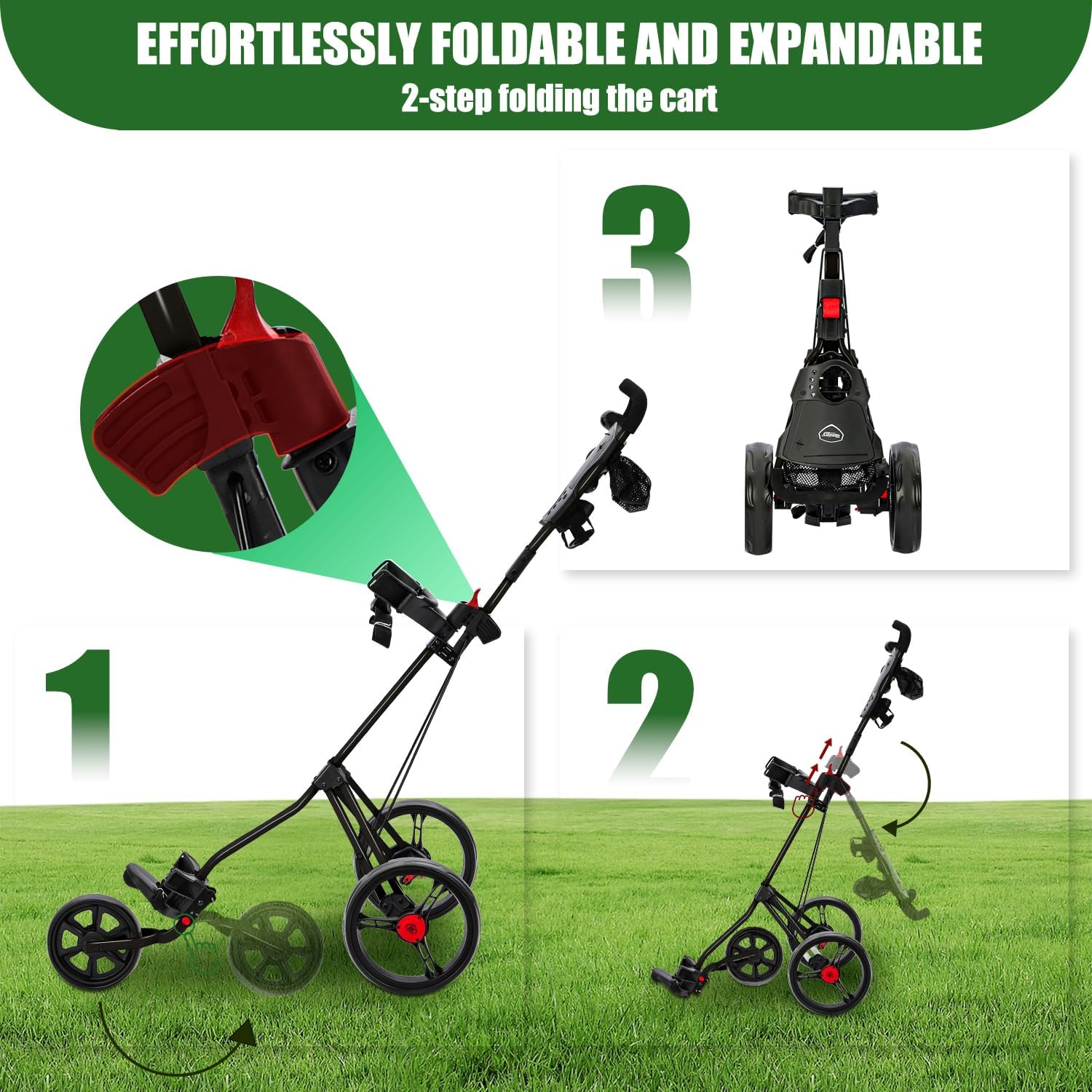 GC27 3 Wheel Golf Trolley, Golf Trolleys Folding Lightweight Golf Bag Pull Cart,Golf Cart for Golf Clubs and Golf Bag with Cup Holder Scorecard Holder/Storage Compartment