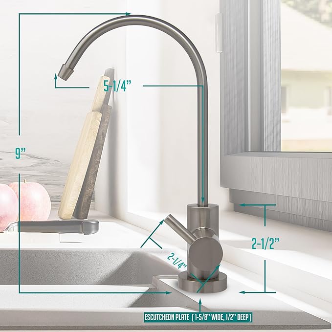 Non Air Gap RO Drinking Water Filtration System Water Dispenser Spout (Brushed Nickel) Euro Style with Drinking Water Faucet Wrench. NSF Certified.