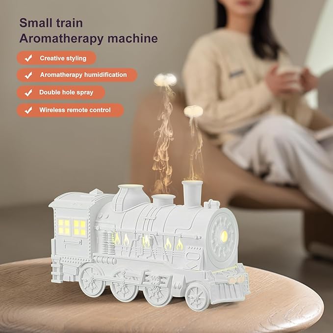 Train Diffuser 300ml, Aromatherapy Diffuser Cool Mist Ultrasonic Aroma Train Diffuser with Remote Control 2 Light 2 Mist Mode Auto Shut-Off for Bedroom Office Hotel (White)
