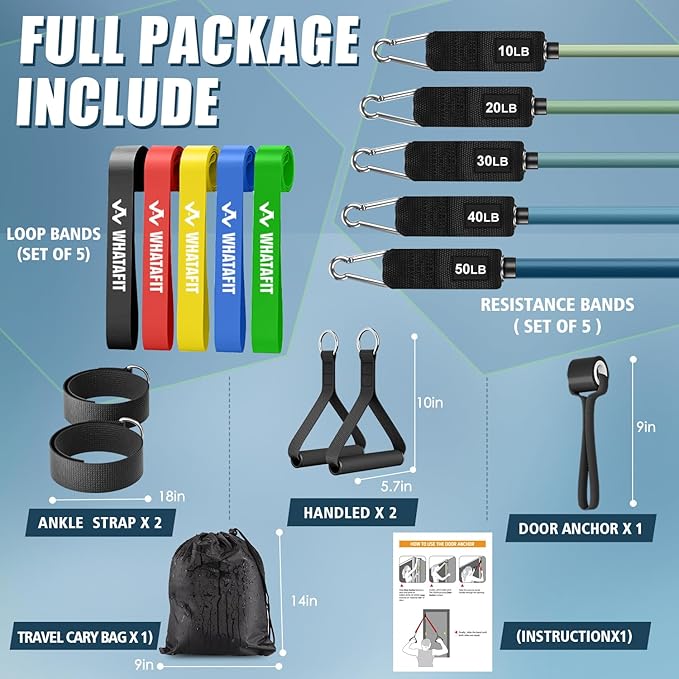 WHATAFIT Resistance Bands, Exercise Bands，Resistance Bands for Working Out, Work Out Bands with Handles for Men and Women Fitness, Strength Training Home Gym Equipment-FlexoryFit