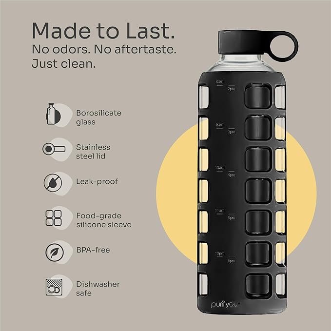 purifyou 40oz / 32oz / 22oz / 12oz Borosilicate Glass Water Bottle with Time & Volume Markers, Silicone Sleeve, Stainless Steel Lid | Reusable Glass Bottle for Water & Juice (40oz Jet Black)
