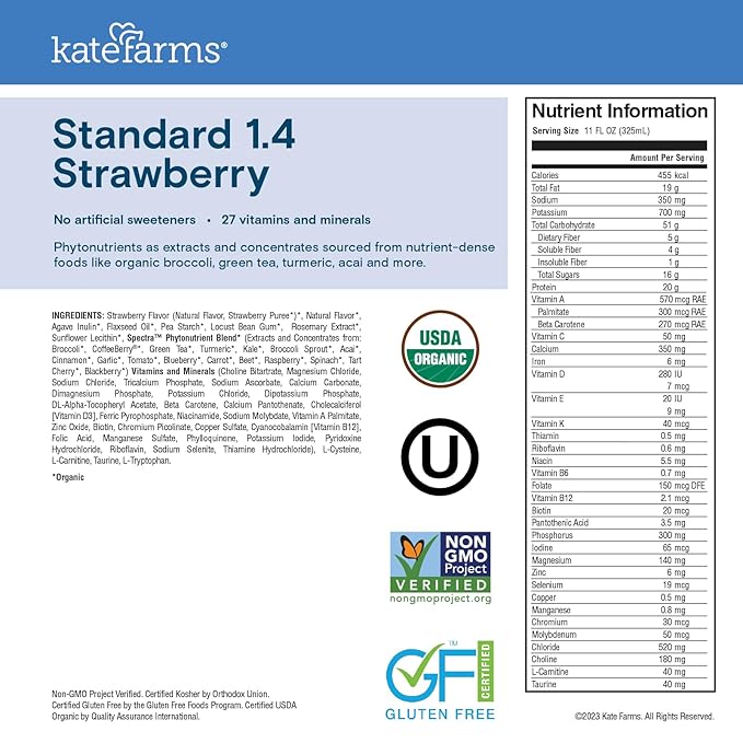 KATE FARMS Organic 1.4 High Calorie Nutrition Shake, Strawberry, 20g Protein, 27 Vitamins and Minerals, Meal Replacement, 11 oz (12 Pack)-FlexoryFit
