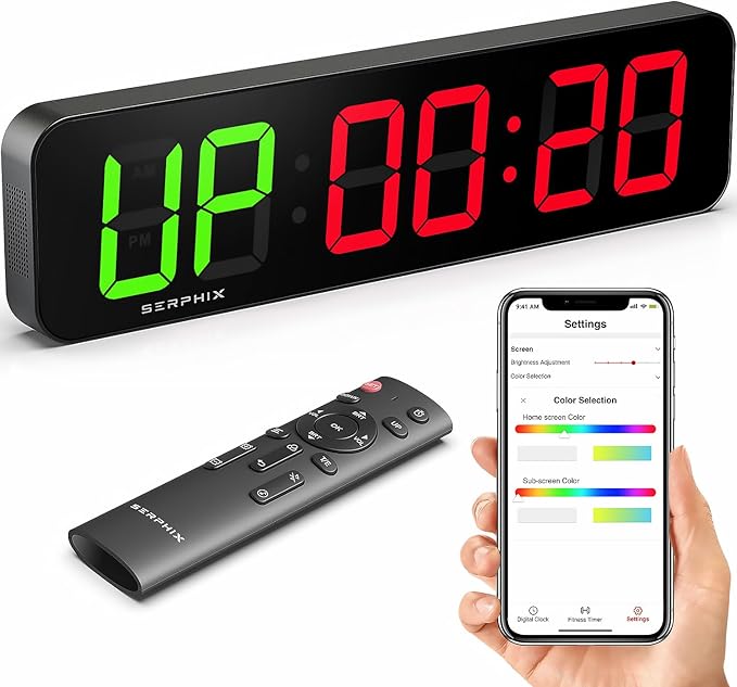 15.2" Gym Timer, App & Remote Control, Customizable LED Colors, Workout Interval Timer Stopwatch Countdown Large Digital Wall Clock for Home Gym-FlexoryFit