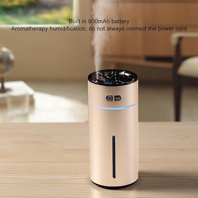 Portable Dual Spray Aromatherapy Diffuser and Humidifier with 300ml Water Tank for Smart Car Air Freshening (Gold)