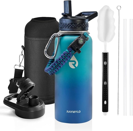 Insulated Water Bottle 32 oz, Triple Wall Vacuum Stainless Steel (Cold for 48 Hrs), Leak Proof & Non-BPA, Modern Water Flask Jug with Paracord Handle & Straw Spout Lids, Cyan Blue-FlexoryFit