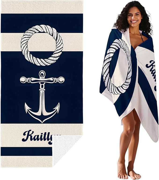 JML Personalized Beach Towel with Name, Custom Anchor Beach Towel, Customized Microfiber Pool Towel, Quick Dry & Absorbent Swim Towel for Adult,Mother's Day, Birthday, Summer Holiday,Vacation-FlexoryFit