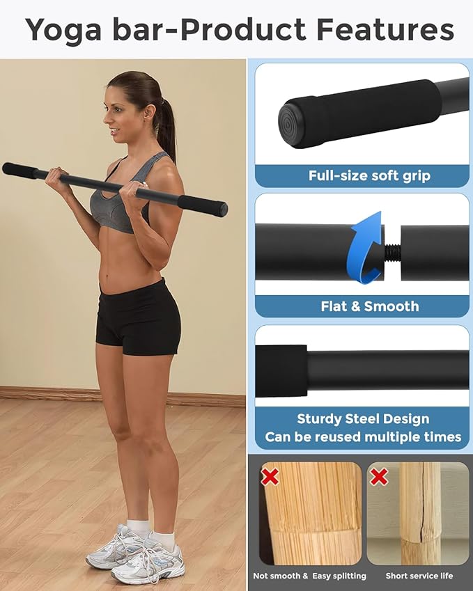 Yoga Stick, 5ft Exercise Stick for Mobility, Stretching Stick with Non-Slip Ends, Exercise Dowel for Pilates, Balance Pole and Stretch Bar for Stretching Equipment-FlexoryFit