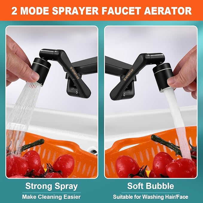 Spurtar 1440° Swivel Bathroom Faucet Extender | Fits G1/2" 55/64" 15/16" Threads | NOT fit for Delta, Moen, Kohler | 2-Spray Mode Faucet Aerator | Black (HHW0001BK)