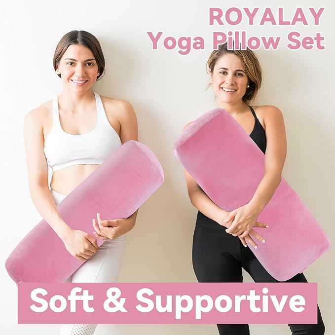 ROYALAY 2 Pcs Yoga Bolster Pillow for Restorative Yoga, Rectangular and Cylinder Meditation Pillow Set with Carrying Handles, Supportive Cushion for Exercise Workout Stretching Meditation,Pink-FlexoryFit