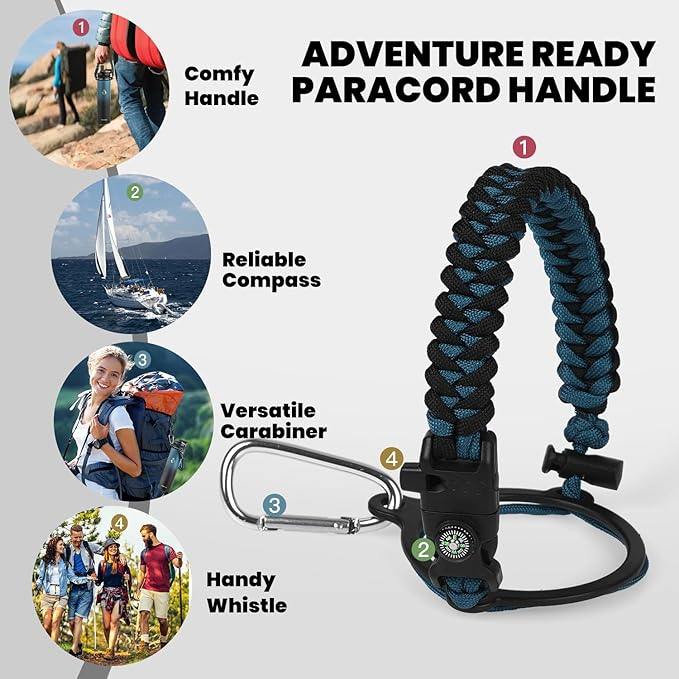Insulated Water Bottle 24oz, Triple Wall Vacuum Stainless Steel (Cold for 48 Hrs, Hot for 24Hrs), Leak Proof & Non-BPA, 24oz Hydro Water Flask with Paracord Handle & Straw Spout Lids-FlexoryFit