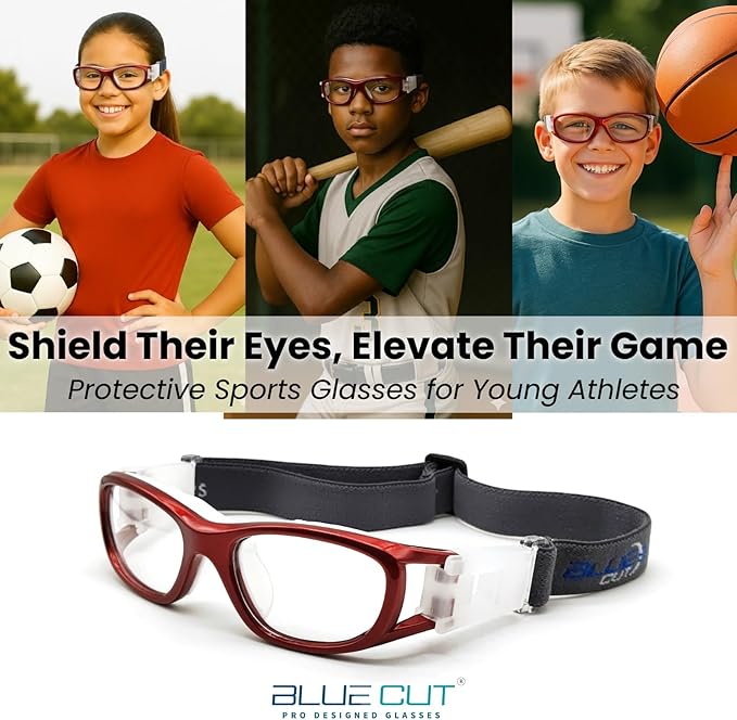 BLUE CUT Safety Basketball Goggles For Kids for Outdoor Sports Activities Anti Fog Replaceable to Prescription Lenses