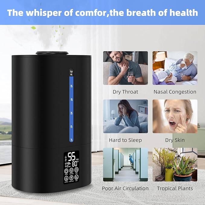 6L Humidifiers for Bedroom Large Room Home, Cool and Warm Humidifier for Plants Mist Top Fill Desk Humidifier Essential Oil Diffuser, Quiet Humidifiers with Adjustable Mist,360°Nozzle-Midnight Black
