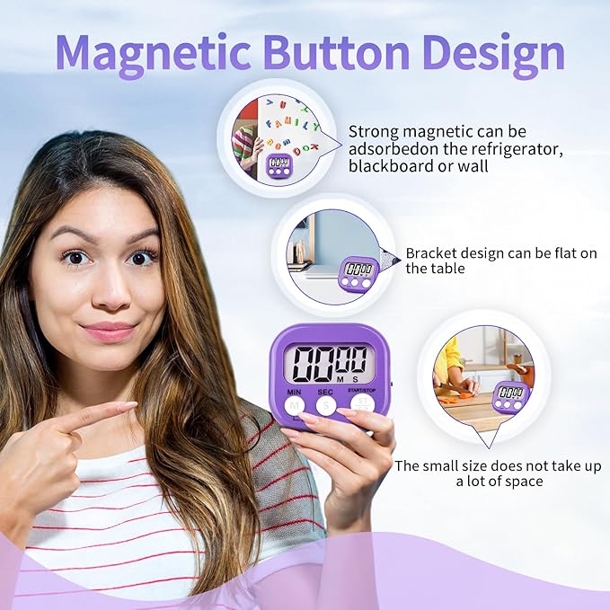 12 Pack Digital Kitchen Timer Magnetic Digital Timer with Big Display Loud Ring Cooking Timers for Kitchen Electronic Timer for Cooking, Bathing, Gym, Break Time, Classroom(12,White,Blue,Purple)-FlexoryFit