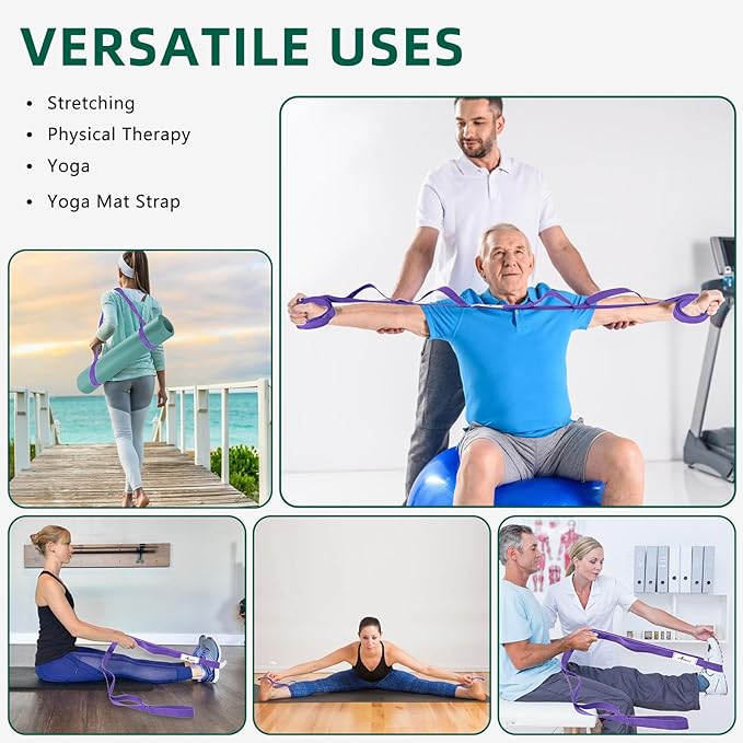 Stretching Strap Yoga Straps for Physical Therapy, 10 Loops Non-Elastic Stretch Band for Pilates, Flexibility, Exercise and Gymnastics-FlexoryFit