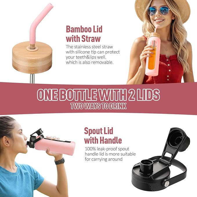 Kodrine Water Bottle with Straw, 24 oz Glass water Bottle with 2 Lids Bamboo Straw Lid and Spout Lid with Handle, 32 oz Clear Water Bottle Glass for Sports Travel, Waterbottle with Time Marker-FlexoryFit