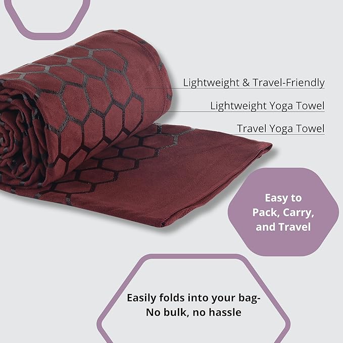 Clever Yoga Non-Slip Hot Yoga Towel – Non-Slip Grip for Hot Yoga, Sweat Absorbent, Honeycomb Silicone Grip, Stays Flat – Ideal for Pilates, Travel, Washable & Lightweight - Burgundy-FlexoryFit
